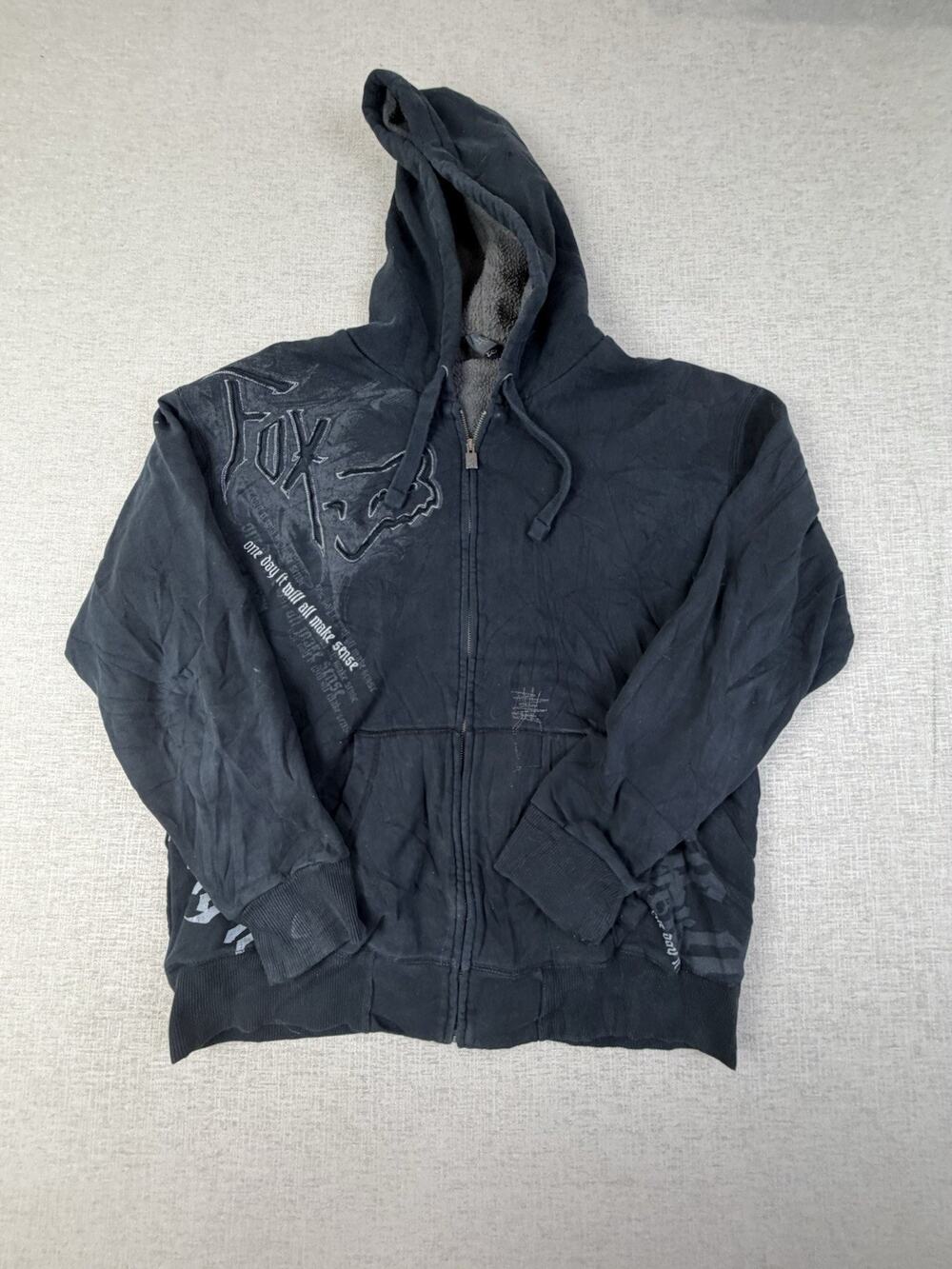 Fox Racing Hoodie Mens XL Black Sherpa Lined Full Zip Motocross Graphic